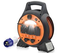 15M Camping Electric Hook Up Cable with LED Light and 2 USB Ports & 3 UK Sockets, Extension Cable Reel IP44 Rated, 10A Circuit Breaker - Ideal for Camping, Caravans, Motorhomes & Construction Sites