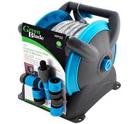 15M Green Blade Professional Compact Garden Hose Reel + 5 Adjustable Nozzles Water Irrigation Pipe Free Standing & Wall Mounted with Spray Fittings Set Home Patio Indoor Outdoor Gardening UK Free P&P