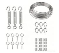 15m stainless steel wire rope kit, comprising M5 screw bolts, eye bolts, crimp sleeves and steel protective sheaths. Suitable for securing outdoor tents, plant support and pendant light installation.