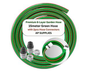 15meter Green Water Hose 1/2inch - 6-Layer Flexible Garden Hose - Premium Food Grade Water Hose with Hose Connector Set for Caravan, Motorhome and Boat. Standard Click-Lock Type Connectors