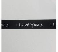 15mm Black Double Faced Satin Ribbon with Metallic Silver 'I Love You' Print 1 Metre Length