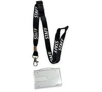 15mm Colourful Staff Printed Neck Lanyard with 3 Point (Triple) Safety Breakaway & 100% Biodegradable Bear Hug Clear Enclosed ID Card Badge Holder for 1 or 2 Cards (Black)