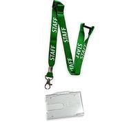 15mm Colourful Staff Printed Neck Lanyard with 3 Point (Triple) Safety Breakaway & 100% Biodegradable Bear Hug Clear Enclosed ID Card Badge Holder for 1 or 2 Cards (Green)