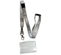 15mm Colourful Staff Printed Neck Lanyard with 3 Point (Triple) Safety Breakaway & 100% Biodegradable Bear Hug Clear Enclosed ID Card Badge Holder for 1 or 2 Cards (Grey)