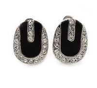15mm/ Oval Black Enamel Diamante Clip On Earrings/Silver Tone Metal