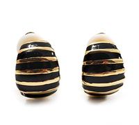 15mm Tall/Small C-Shape Stripy Black Enamel Clip On Earrings in Gold Tone