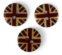 15mm Wooden Union Jack Buttons, UK Flag Design, 2 Holes, Pack of 10