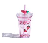 15oz Kawaii Water Bottle with Straw Portable Glitter Cute Cup with Strawberry and Avocado Pattrns Kawaii Stuff (Pink)
