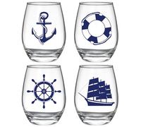 15oz Printed Nautical Stemless Wine Glasses, Set of 4, Anchor & Compass