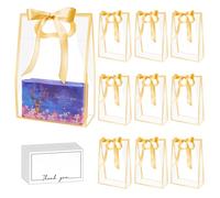 15Pack Clear Plastic Gift Bags with Handle,Reusable PP Gift Wrap Tote Bags with Ribbon for Wedding Bridal Birthday Party Baby Shower Goodies Graduation Shopping Business, 7x10x3.15 Inch (Golden)