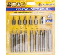 15Pc Hex Allen Key Power Bit Set 30 & 75mm Long Torx Star Hex + 3/8 Inch Square Sock