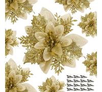 15PCS Artificial Poinsettia Flowers with Clips, Glitter Christmas Ornaments for Tree, Wreath, Holiday Home Decor