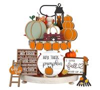 15PCS Autumn Pumpkin Fall Tray Decor, Fall Farmhouse Tiered Tray Decor Set, Rustic Wood Sign Thanksgiving Decorations for Table
