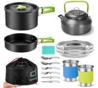 15pcs Camping Cookware Mess Kit,Non-Stick Pot and Pan Set with Kettle Stainless Steel Cups Plates Forks Knives Spoons Lightweight, Fork Spoon Kits for Backpacking, Outdoor Camping Hiking and Picnic