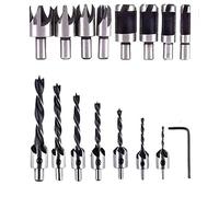 15pcs Countersink Drill Bit Set for Wood Door Window Cabine Include 8pcs Wood Plug Cutter Tool Drill Bits,7pcs Three Pointed Drill Bit