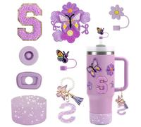 15PCS Cup Accessories Set for Stanley Cup 30oz 40oz, Water Bottle Accessories for Stanley, Including Silicone Straw Cover Cap and Boot, Spill Proof Stopper, Handle Charm, Purple Sticker Letter S