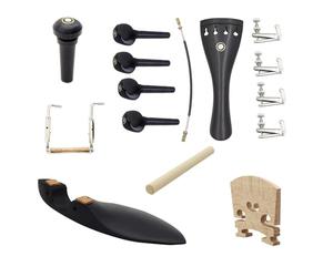 15Pcs Ebony Violin Fittings Parts Set with Paris Eye, Professional Accessory Kit Includes Chinrest, Tuning Pegs, Tailpiece, Bridge, Soundpost, Fine Tuners for Violin(15pcs-Silver fine-tuning)