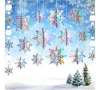 15Pcs Holographic Silver Snowflakes Decorations - 3D Hanging Snowflakes for Winter Wonderland & Frozen Birthday Parties