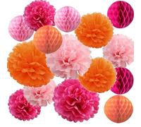 15PCS Hot Pink Orange Party Decorations Tissue Paper Flowers Pom Poms Honeycomb for Girl Groovy Birthday Baby Shower Wedding Bachelorette Summer Flamingo Party Nursery Wall Hanging Décor
