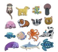 15pcs Iron On Embroidered Patches for Clothing Backpacks Shoes with Animal Shark Turtle Cat Dog Applique Stickers Stripes(Color 16 1 Set(15 pcs))
