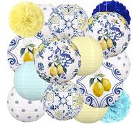 15Pcs Lemon Paper Lanterns Party Decorations - Amalfi Coast Capri Yellow Blue Tiles Mediterranean Hanging Decor for Bridal Shower Birthday Wedding Supplies