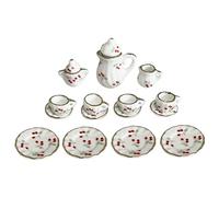 15Pcs Miniature Dollhouse Accessories, 1/12 Scale Mini Tea Set, Ceramic Teapot Cup Set Mini Cherries Pattern with Golden Trim Dining Room Dollhouse Kitchen Accessories Miniatures