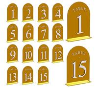 15pcs Mirrored Arch Wedding Table Numbers, Numbers 1-15, Wedding Reception Table Numbers Acrylic Table Numbers with Stands, for Wedding Reception Party Banquet (Gold)