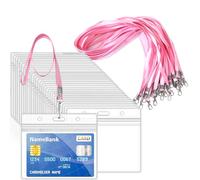 15pcs Pink Lanyards for Neck with 15pcs Card Holder, Clear Plastic ID Card Holder and Lanyard, Horizontal Sealable Waterproof Name Badge Holders with Lanyard for ID Cards, Office, School, Bus Passes