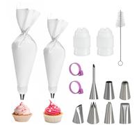15Pcs Piping Bags and Nozzles Set, Icing Piping Kit with 7 Nozzle Tips, 12" & 14" Reusable Cotton Piping Bags, 2 Couplers, 2 Ties & 2 Cleaning Brushes for Cake, Baking, Cookies, Desserts