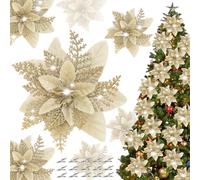15Pcs Poinsettia Christmas Decorations, Christmas Poinsettia Flower Artificial Pointsettia with Clips Christmas Tree Decorations Christmas Glitter Poinsettia Christmas Tree Flower Decorations (Gold)
