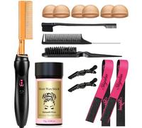 15Pcs Professional Hot Comb Hair Straightener Set - Electric Styling Kit with 3 Pcs Slick Back Brushes, Hair Wax Stick, Salon Clips & Lace Band for Sleek Hair & Salon Finishes, 6 Pcs Wig Caps