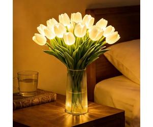 15PCS Radiant Romantic Tulip Light with a Vase, Twinkling Led Tulips that Never Fade, LED Lighted Artificial Flowers Tulip Lamp Gifts for Mother’s Day, Flower Table Lamp for Bedroom Decor (Beige)