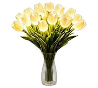 15Pcs Real Touch Artificial Tulip LED Lights with Vase, Romantic Tulip Desk Night Lamp, Easter Wedding Dining Table Home Kitchen Desktop Decorative Lights(White)