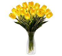 15Pcs Real Touch Artificial Tulip LED Lights with Vase, Romantic Tulip Desk Night Lamp, Easter Wedding Dining Table Home Kitchen Desktop Decorative Lights(Yellow)