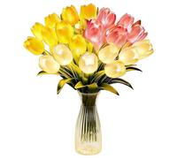15pcs Real Touch Artificial Tulips Flowers Fake Tulips Flowers Faux Flower Lights with Vase Romantic Tulip Light Tulip Desk LED Night Light Easter Home Kitchen Wedding Dining Table Decor
