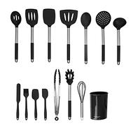 15PCS Silicone Cooking Utensil Set, Kitchen Utensils Set with Holder Silicone Kitchen Tools Non Stick Cookware with Stainless Steel Handle for Cooking (All Black)