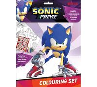 15Pcs Sonic Prime Colouring Set - 8 Colouring Sheets, 6 Colouring Pencils, Reusable Stickers - Kids Art Set for Boys & Girls - Sonic the Hedgehog Stationery Gift