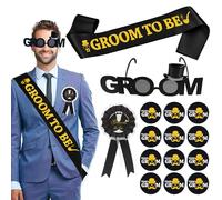 15pcs Stag Do Accessories Men - Black Gold Groom Sash Badge Set with Groom to Be Sash Glasses Groom Team Badge for Men Bachelor Party Men's Accessories for the Last Night Before the Wedding