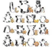 15pcs Stainless Steel Christmas Cookie Cutter Set with Storage Tin - Tree Star Bell Candy Cane Reindeer Snowman Gingerbread Man - Xmas Biscuit Baking Cutters