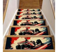 15PCS Stair Treads for Wooden Steps, 8 x 30 inches Non-Slip Carpet Stairs Runner Indoor for Kids Elders and Pets, Vintage Speeding Racing Car with Checkered Flag