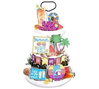 15PCS Summer Tiered Tray Decor Hello Summer Decor Farmhouse Hawaii Tiered Tray Decor Farm Summer Sunshine Wooden Sign Wood Home Rustic Beach Decorations for Home Table Shelf Kitchen Party Holiday