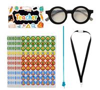 15pcs Teacher Role Play Accessories Set for Kids, 1 Teaching Stick, 1 Work ID, 1 Black Framed Glasses without Lenses, 12 Reward Stickers,School Stuff Role Play Kit for Children Halloween Cosplay