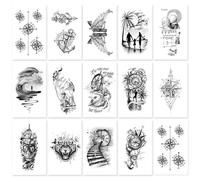 15sheets Rudder Clock Tattoo Sticker For Men And Women Juice Waterproof Totem Long-Lasting Arm Flower Arm Non-Reflective Compass