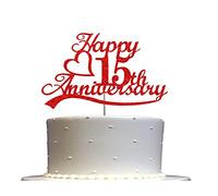 15th Anniversary Cake Topper Red Glitter, 15 Wedding Anniversary Party Decoration Ideas, Premium Quality, Sturdy Doubled Sided Glitter, Acrylic Stick. Made in USA (15th Red)