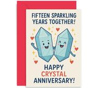 15th Anniversary Card For Husband And Wife - Cartoon Crystal Design - Joyful Celebration Of Crystal Anniversary - Blank Inside With Envelope