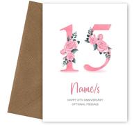 15th Anniversary Card for Wife Husband - Floral Number 15 with Custom Names - Celebrate Anniversaries with 15th Anniversary Card for Couple - 15 Years as Husband and Wife