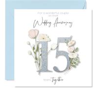 15th Anniversary Card for Women Men - Fancy Floral Flowers - Happy 15 Year Anniversary Card for Auntie Uncle Brother Sister, 145mm Wedding Anniversaries Greeting Cards