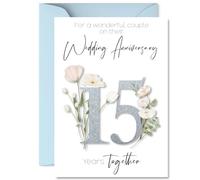 15th Anniversary Card for Women Men - Fancy Floral Flowers - Happy 15 Year Anniversary Card for Partner Wife Husband Companion, A5 Wedding Anniversaries Greeting Cards
