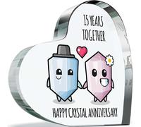15th Anniversary Plaque Gifts for Wife Husband - Happy Crystal Anniversary - I Love You Romantic Acrylic Heart Gift For Women Men, 100mm x 100mm Present For Couples Fifteenth Wedding Anniversaries