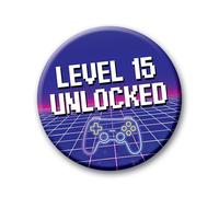 15th Birthday Badge - 76mm Level 15 Unlocked Pin Badge Button Video Game Birthday Gift for Boys
